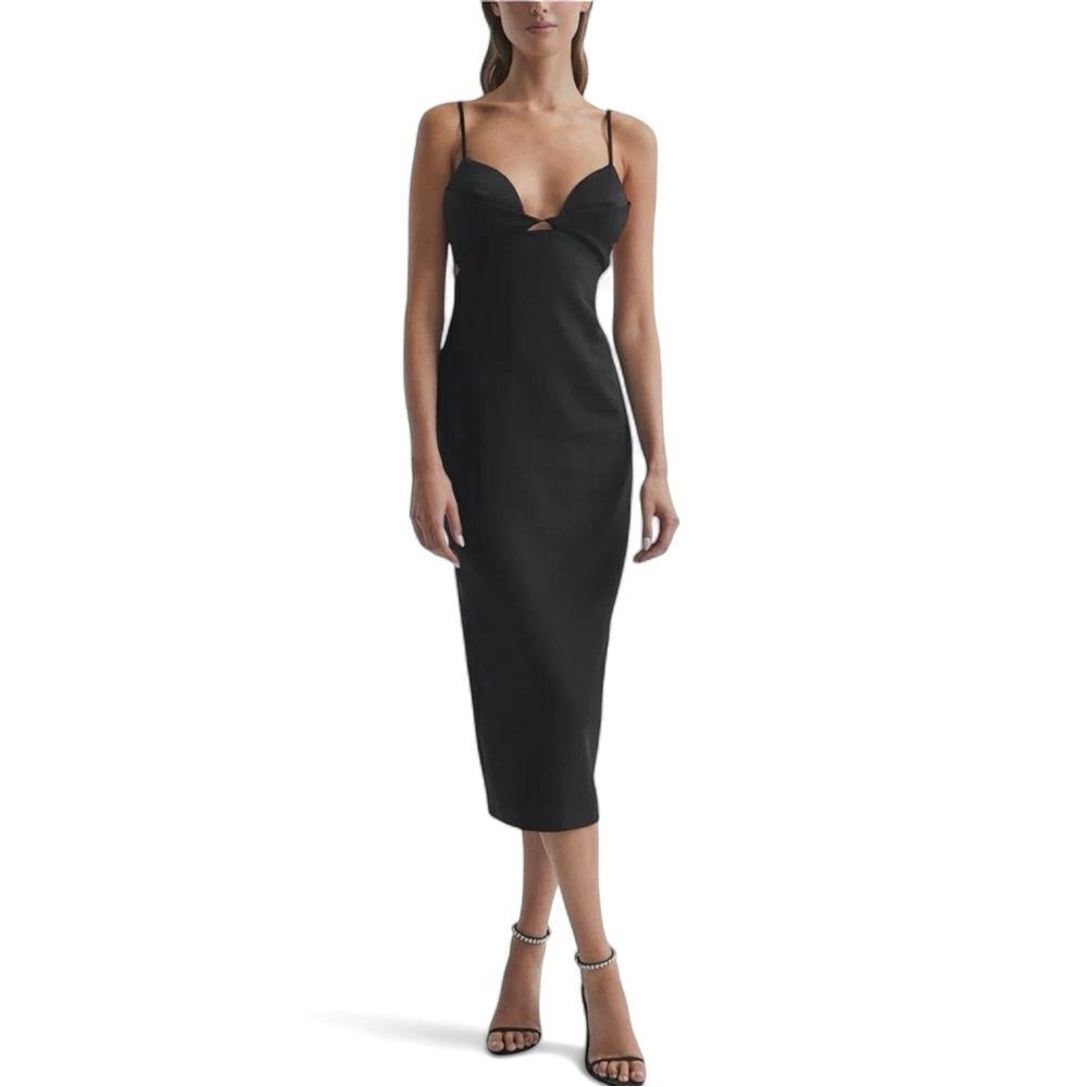 REISS Rochelle Stappy Midi Dress Size 10 Black Crepe Open Back